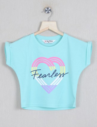 Just clothes printed aqua cotton top for girls