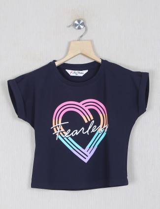 Just clothes printed cotton navy tshirt for girls