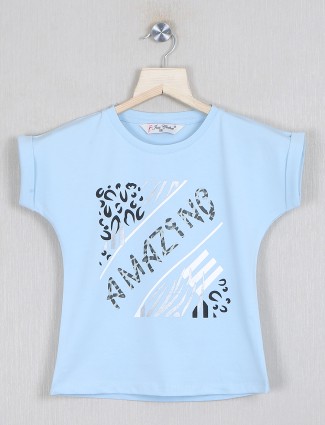 Just clothes printed cotton sky blue top for girls