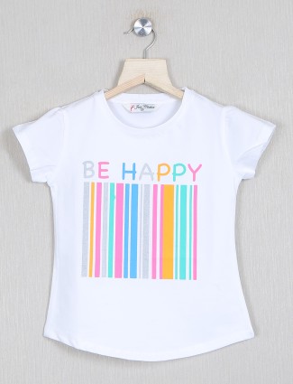 Just clothes printed cotton white top for girls