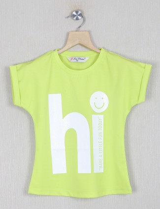Just clothes printed lemon green cotton tshirt for girls