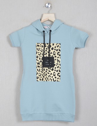 Just clothes printed sky blue casual hoodie top