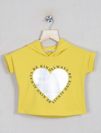 Just clothes printed yellow cotton hoodie top for girls
