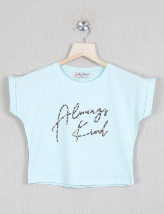 Just clothes sky blue printed cotton top for girls