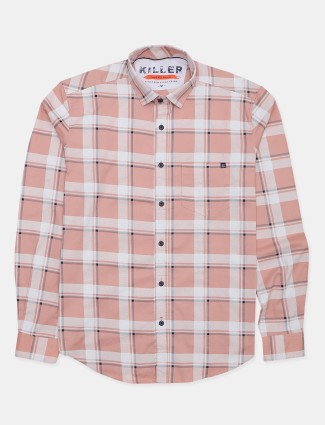 Killer checks style peach hued cotton shirt