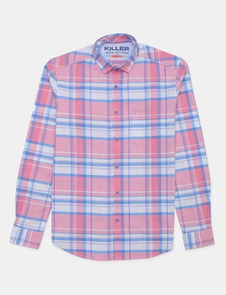 Killer checks style pink hued cotton casual shirt