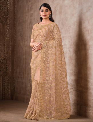 Latest beige party look saree with thread work