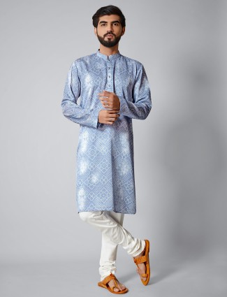 Latest blue printed cotton silk kurta set for festive days