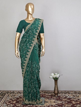 Latest bottle green designer wedding wear silk saree