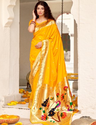 Latest bright yellow elegant wedding banarasi silk saree