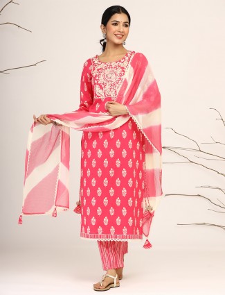 Latest coral pink cotton festive occasions punjabi style printed pant suit