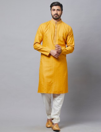 Latest cotton silk mustard yellow kurta set