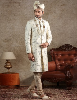 Latest cream raw silk fabric sherwani for wedding