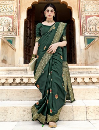 Latest dark green elegant wedding banarasi silk saree