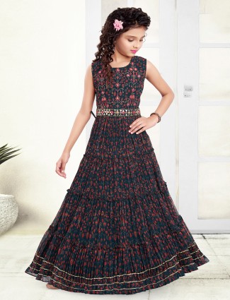 Latest dark green printed georgette gown for girls