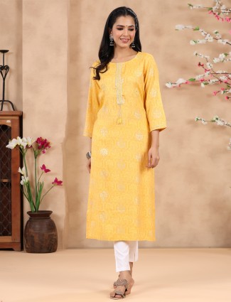 Latest designer bright yellow printed cotton casual wear kurti