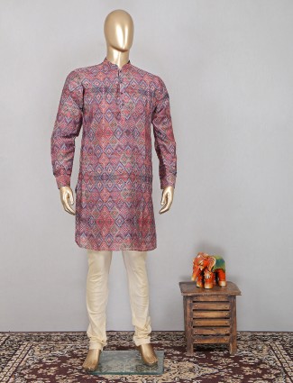 Latest designer printed onion pink cotton festive wear kurta