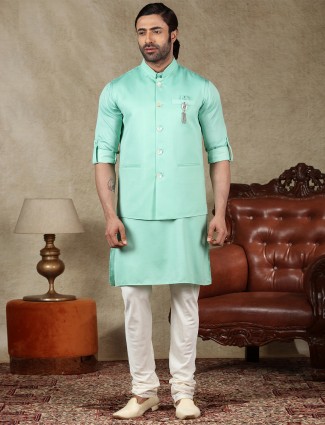 Latest green cotton silk mens waistcoat set