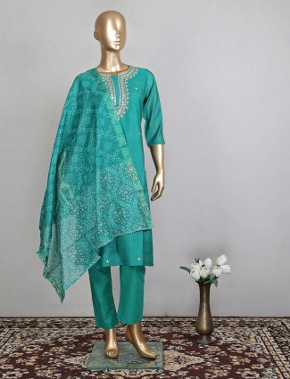 Latest green cotton silk pant suit for wedding event