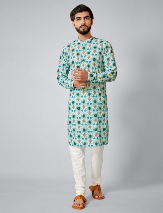 Latest green hue cotton silk kurta suit for mens