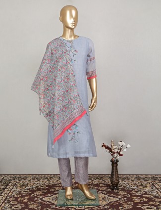Latest grey printed cotton festive look punjabi style pant set