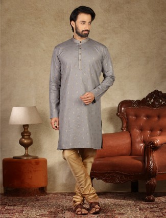 Latest grey printed cotton mens kurta suit