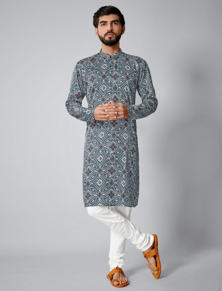 Latest grey printed festive wear cotton silk kurta set