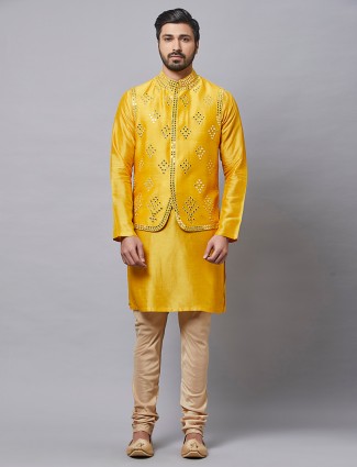 Latest mustard yellow raw silk mens waistcoat set