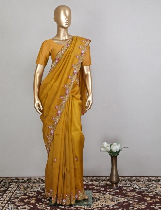 Latest mustard yellow tissue silk wedding saree