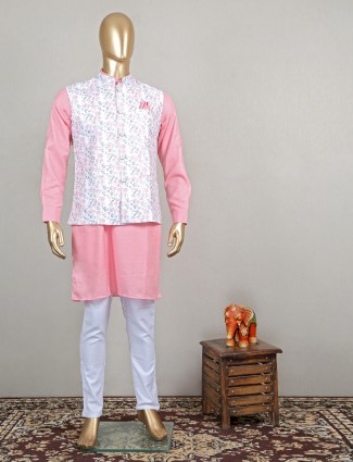 Latest pink cotton printed waistcoat set