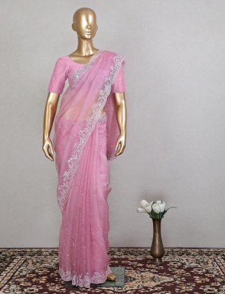 Latest pink tissue silk women saree