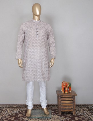 Latest printed style cotton kurta set for men in beige