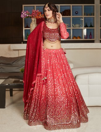 Latest red and peach georgette lehenga choli for wedding events