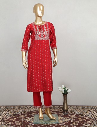 Latest red cotton festive look punjabi style pant set