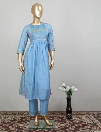 Latest steel blue cotton festive look punjabi style pant set