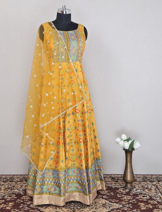 Latest yellow floor-length cotton silk wedding printed anarkali suit