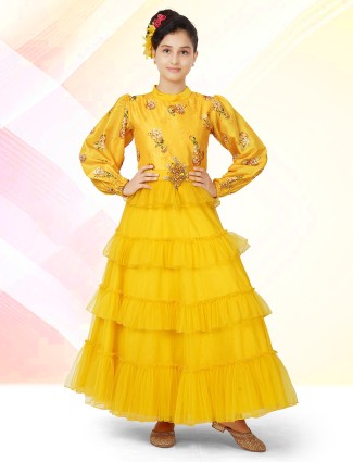 Latest yellow printed gown for girls