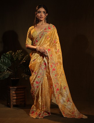 Latest yellow tissue silk saree