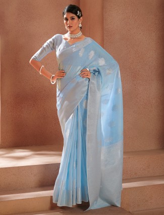 Lavender blue extravagant linen saree for festive look