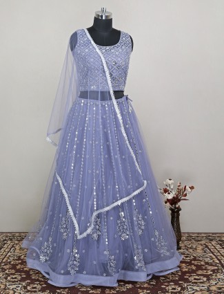 Lavender blue net designer lehenga choli for wedding function