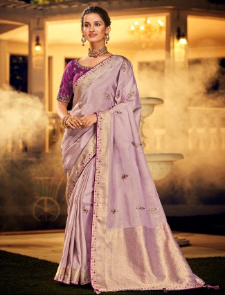 Lavender purple printed wedding look dola silk saree