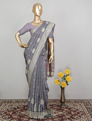 Lavish grey wedding look zari details dola silk saree