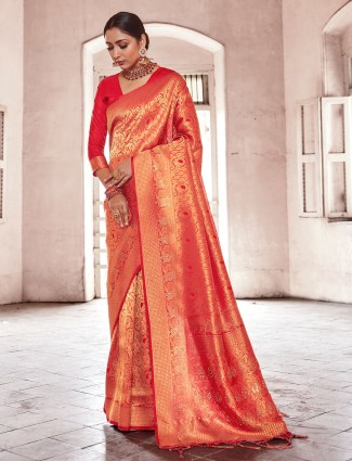 Lavish red kanjivaram silk saree for wedding functions