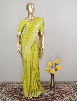 Lemon green amazing zari details wedding sari in dola silk