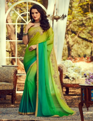 Lemon green festive events satin sari for women
