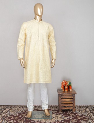 Lemon yellow silk festive wear kurta set for men