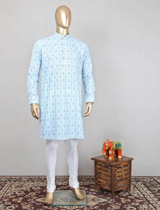 Light blue colored printed kurta set in cotton