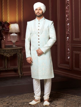 Light blue sherwani for wedding in cotton silk