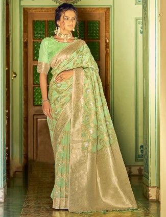 Light green stunning linen saree for wedding