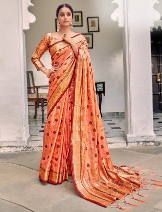 Light orange wedding ceremonies linen zari weaving saree